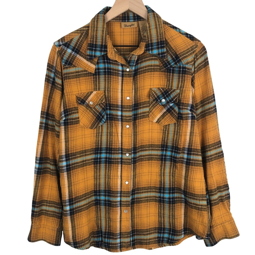 VTG WRANGLER Plaid Western Snap Cotton Flannel Shirt Women's L Mustard Yellow